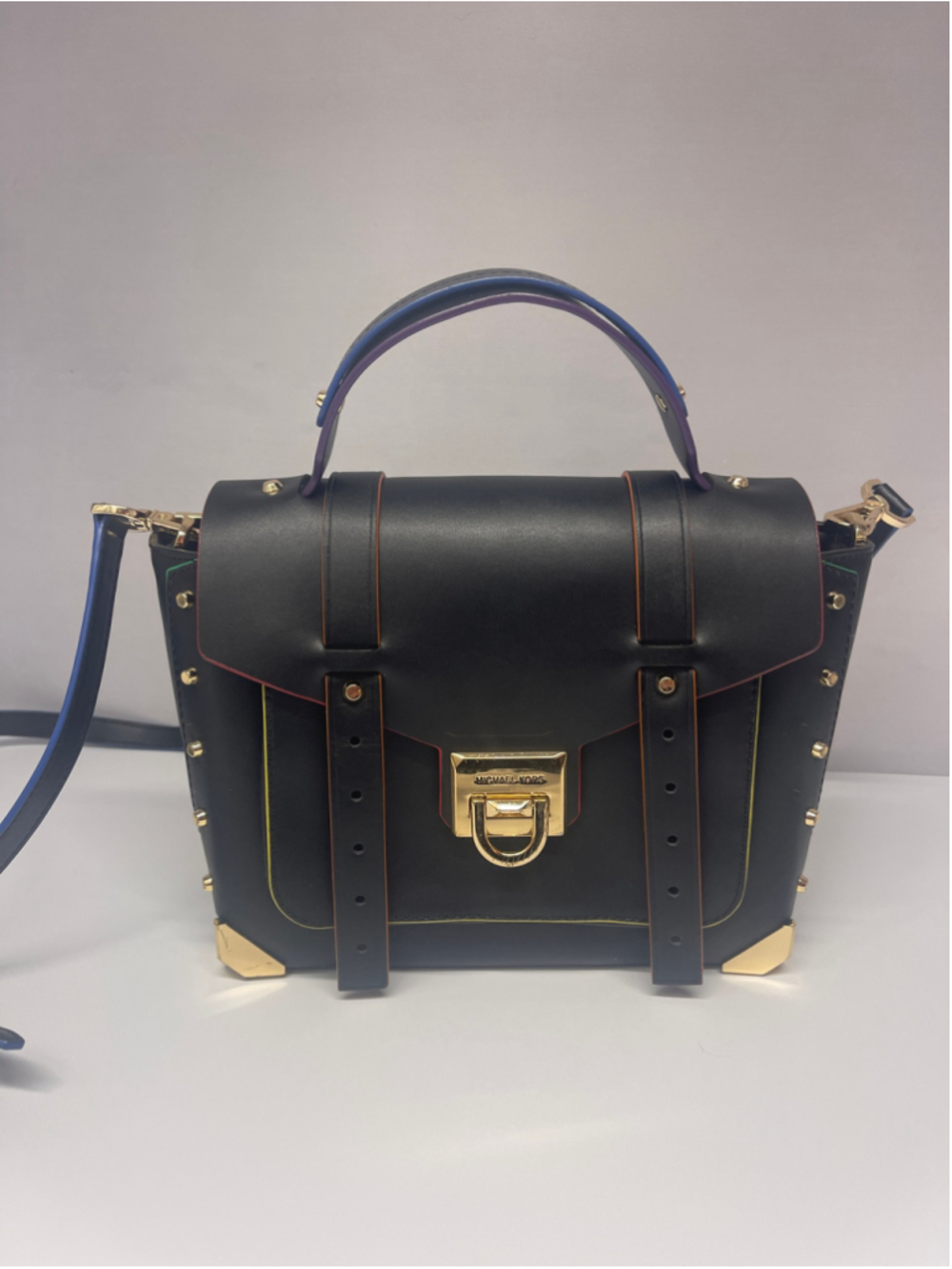 Michael Kors Manhattan Medium Satchel Black Multicolor Trim
Leather